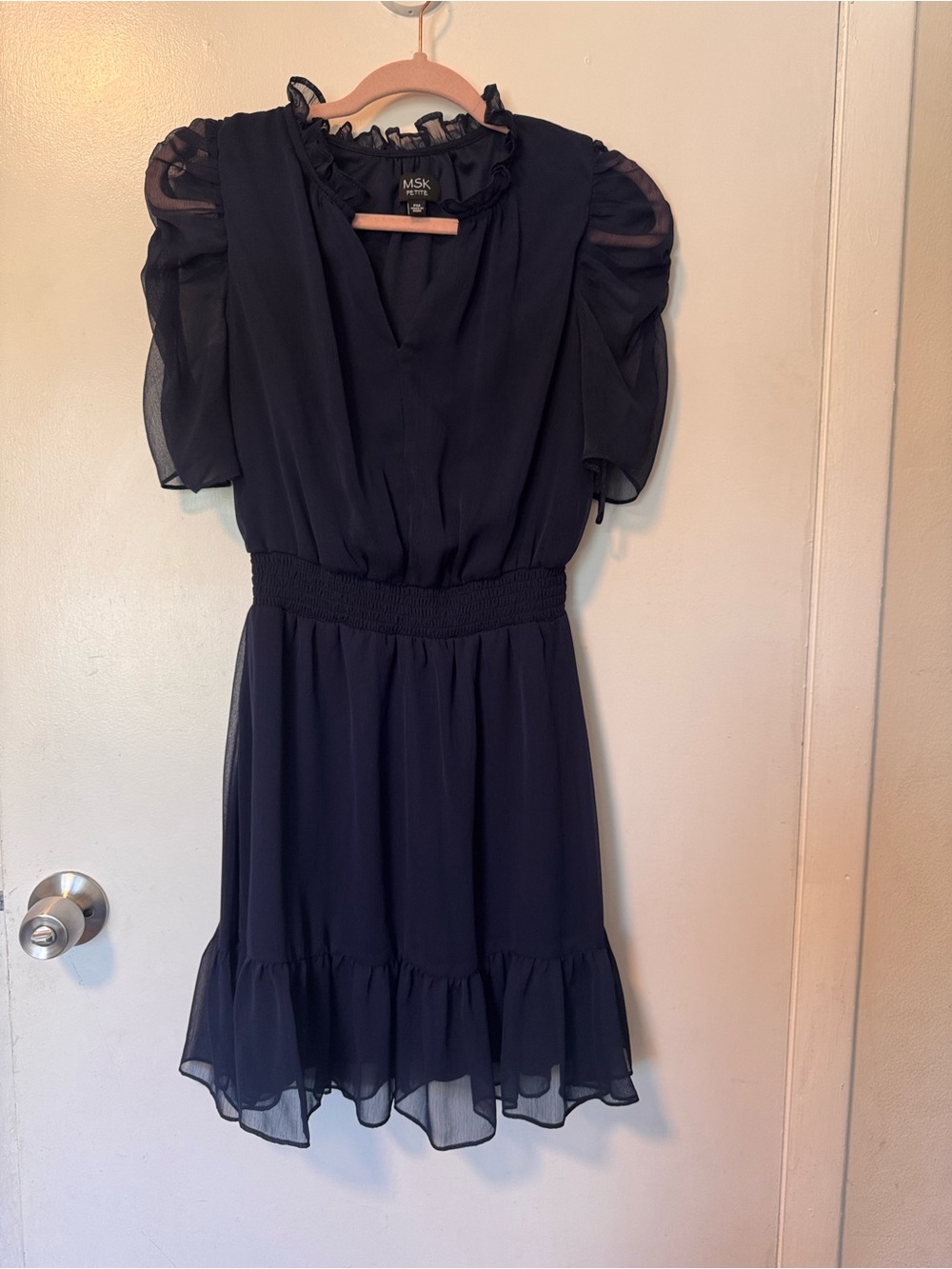 MSK Black Chiffon Puff-Sleeve Ruffle-Hem Mini Dress